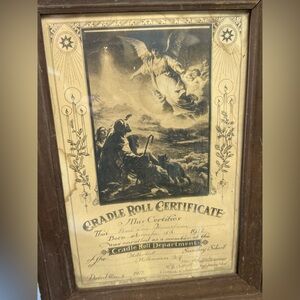 Victorian framed Sunday school certificate. 1917. Antique wood frame.  Angels